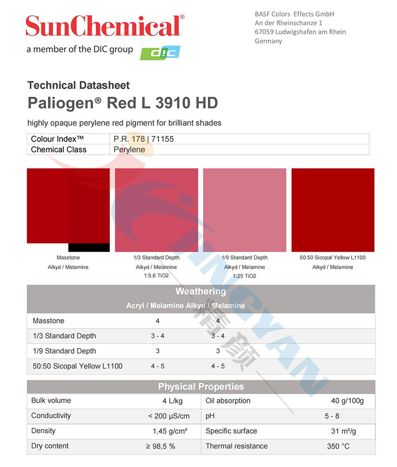 DIC L3910HD苝紅顏料TDS技術數(shù)據(jù)報告